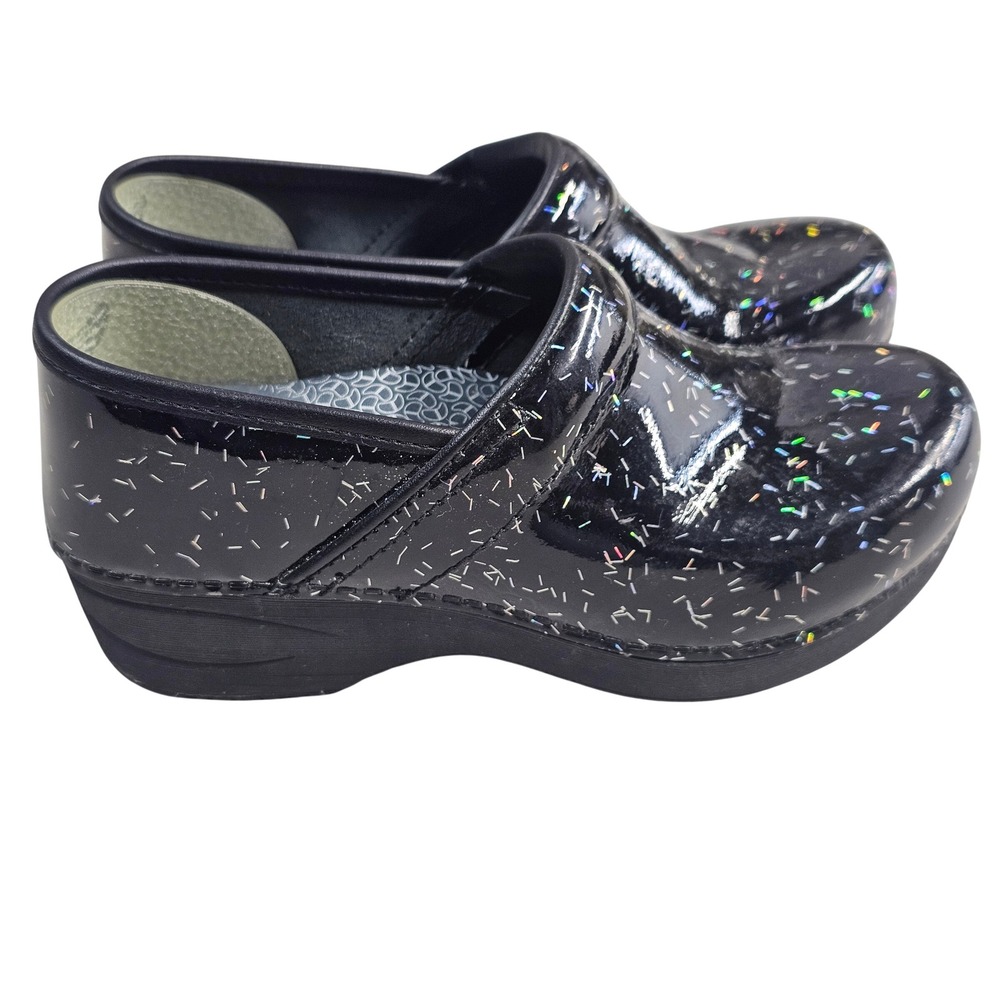 Dansko XP 2.0 Black Patent Multi Color Glitter Sprinkle Clogs Shoes Womens 36